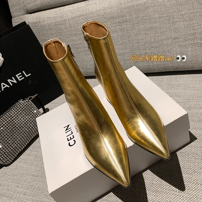 Fashion Sexy Party Square Heel Women's Boots 2024 Autumn and Winter Hot Selling Comfortable High Heel Women's Boots Gold Silver