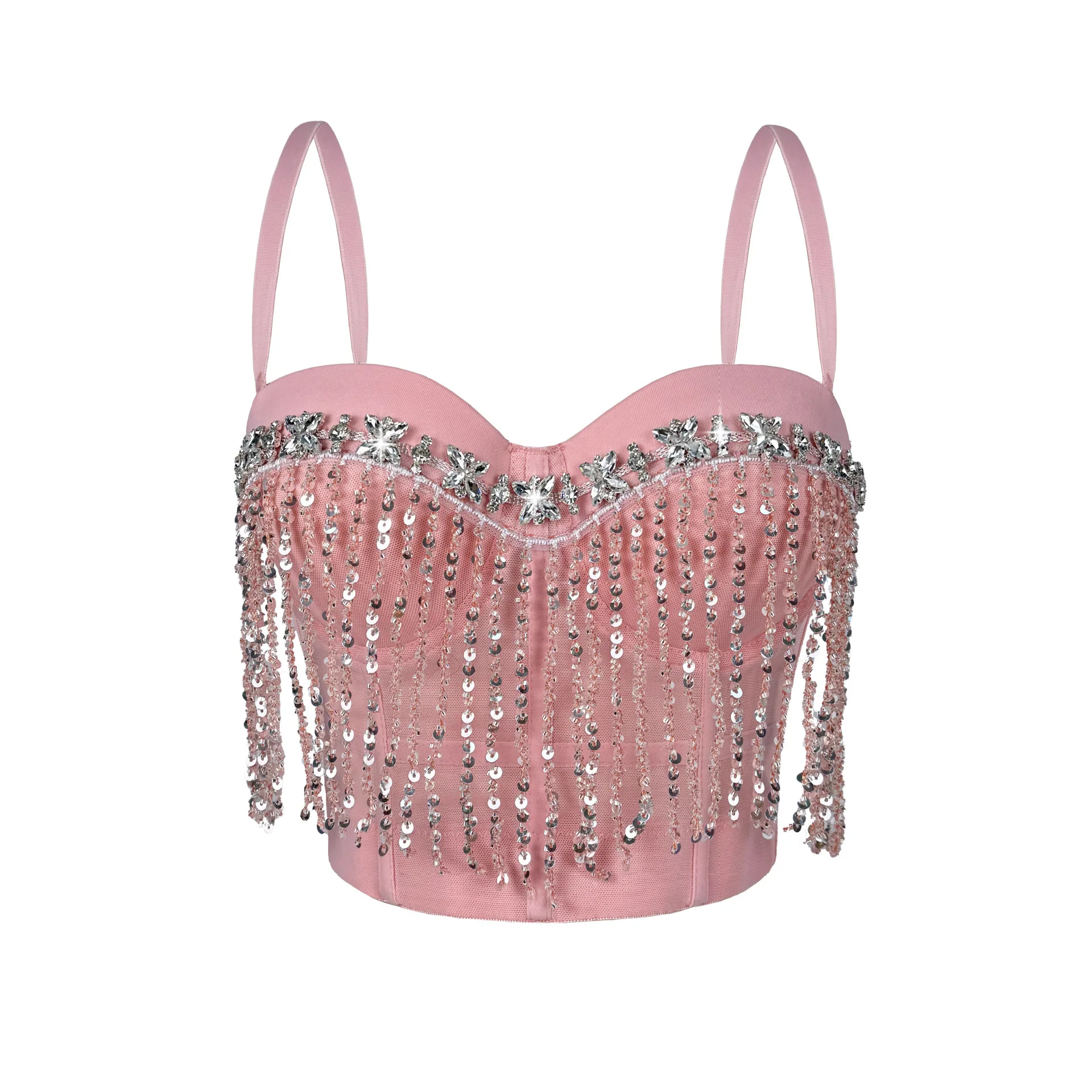 Sequins Fringe Corset with Built-in Cups, Glitter Boning Bustier Lingerie, Rhinestone Flower Top for Performance Party Clubwear