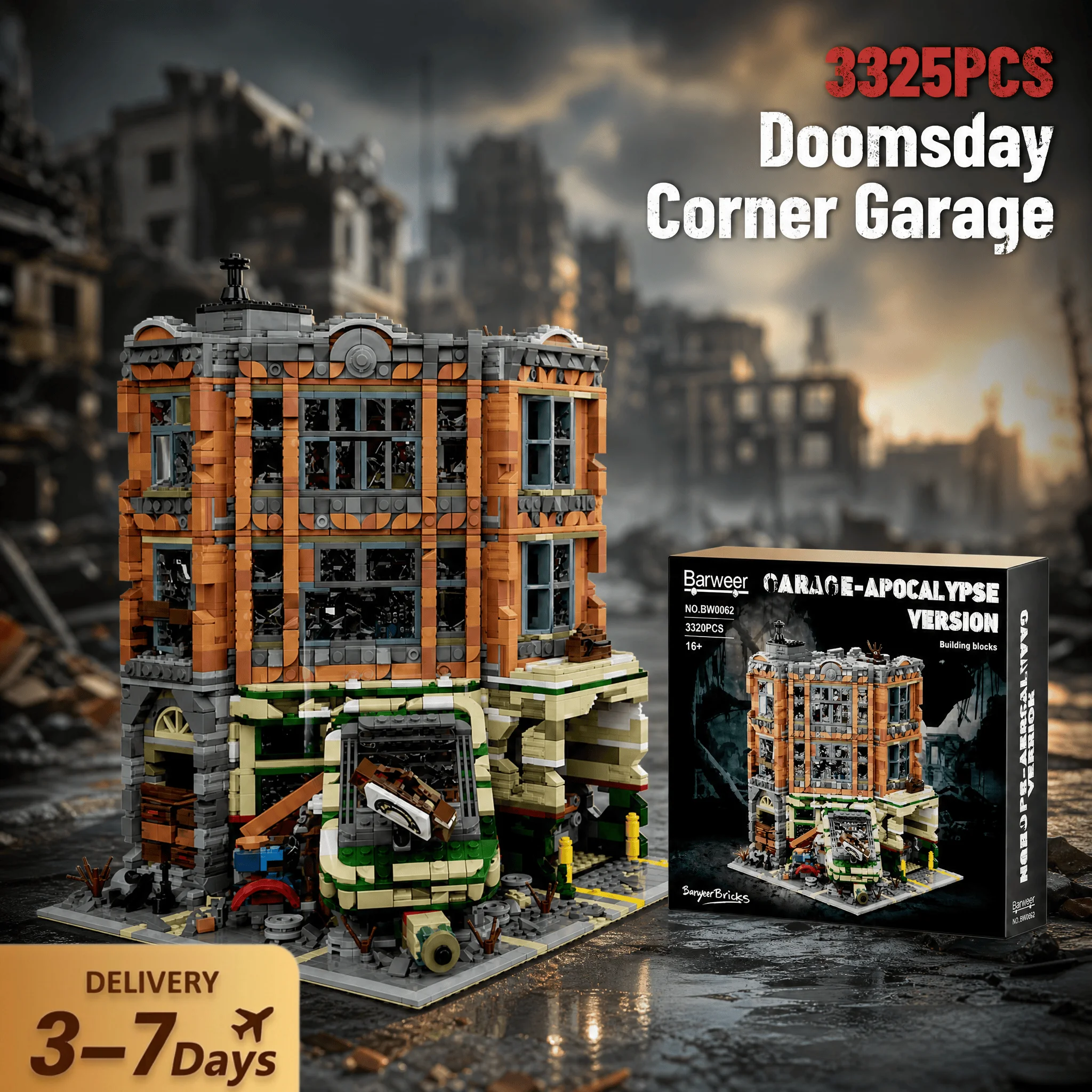 Doomsday Corner Garage City Baustein-Set mit 8 Figuren, Film-Architektur, modulares Montagemodell, Bausteine, Sammlerstück, kreatives Spielzeug, Geschenk für Erwachsene, 3325 Teile