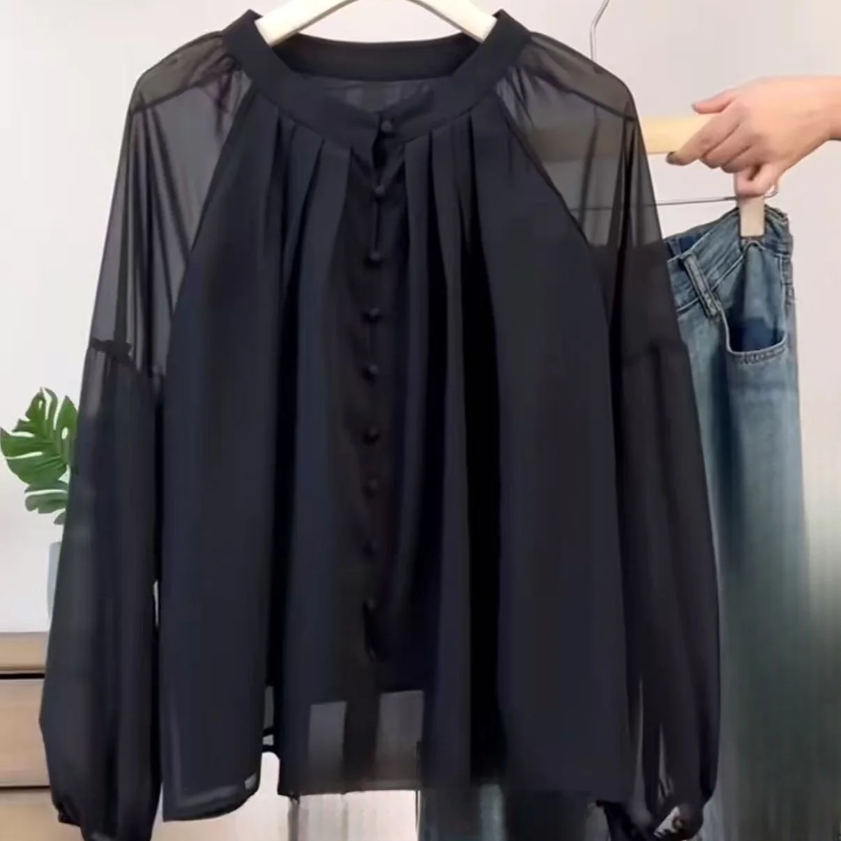 

Women's Black Sheer Chiffon Blouse Stand Collar Pleated Button Front Long Sleeve Casual Top