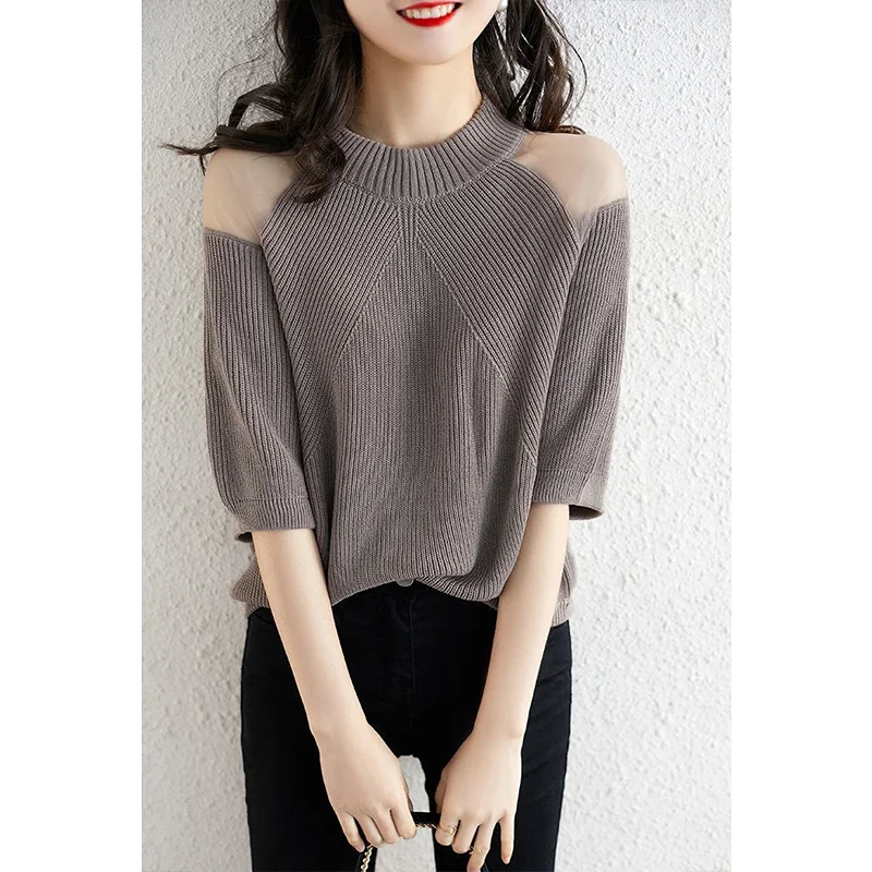 

oulder Bared Ice Silk ort Sve Knitted Top Women's T-irt Me Upper Body Faionable Summer Sun Protection Clothing