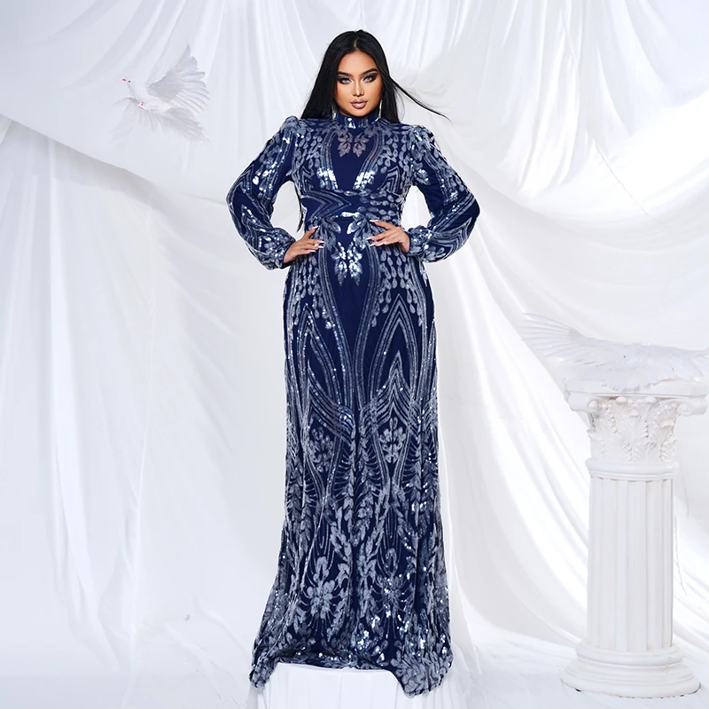 

P 2024 Elegant Women Long Sleeve Silver Sequined Abaya Dubai Luxury Formal Occasion Prom Cocktail Evening Party Maxi dresses