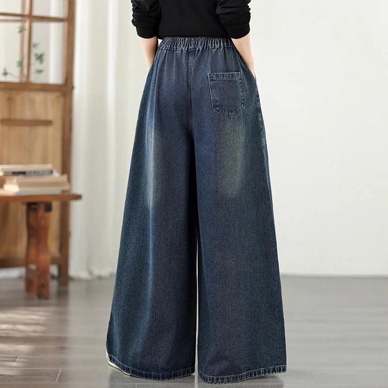Damen-Jeans mit weitem Bein, hohe Taille, weiche Denim-Hose, große Größe, Vintage-Retro-Freizeithose mit Cartoon-Stickerei, w1371