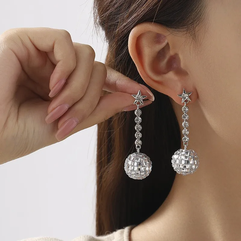 Hot Sale Personalized Trendy Hot Sales Disco Ball Star Zirconia Bead Pendant Tassel Dangle Earrings for Women European American