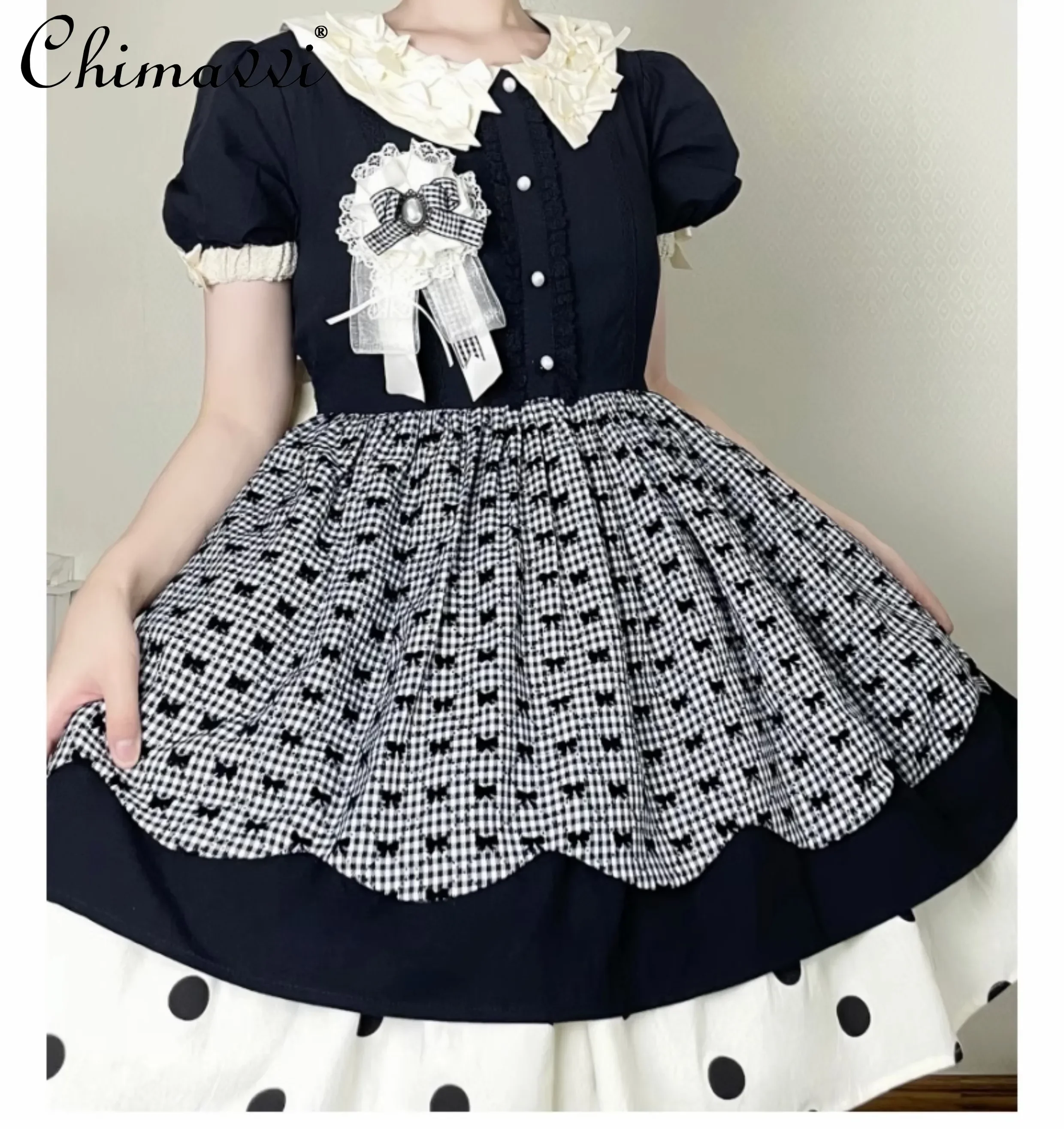 

Daily Princess Cute Polka Dots Bow Lolita Op Dress Spring and Summer Japanese Sweet Peter Pan Collar Umbrella Y2k Mini Dresses