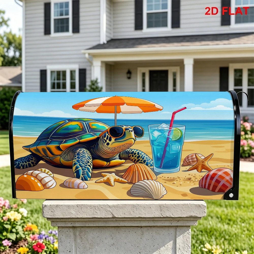 Summer Beach Turtle Mailbox Cover, Umbrella Sunglasses Turtle Shells Drink Print