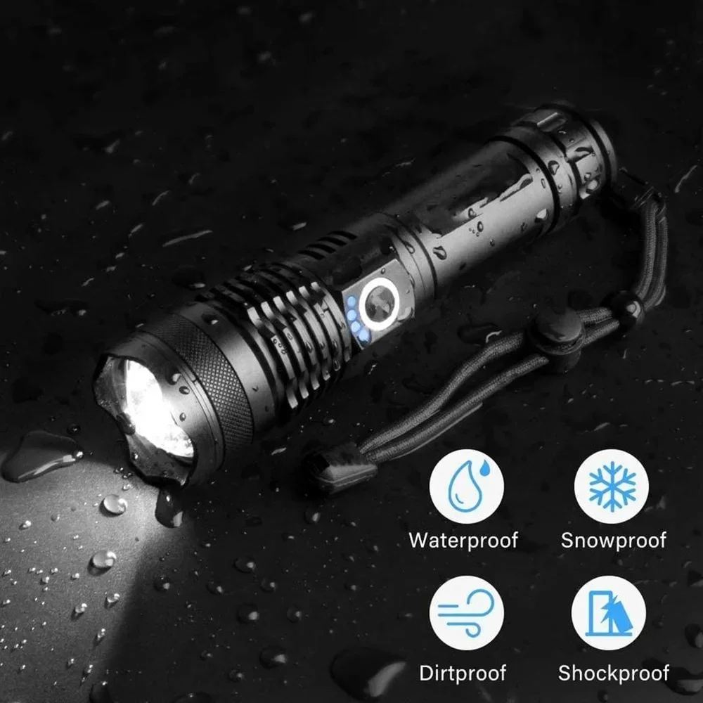 High Power 4-Core XHP50 LED Flashlight Type-C Rechargeable Torch Zoom Hand Lantern 18650 For Camping, Outdoor & Emergency Use ﻿