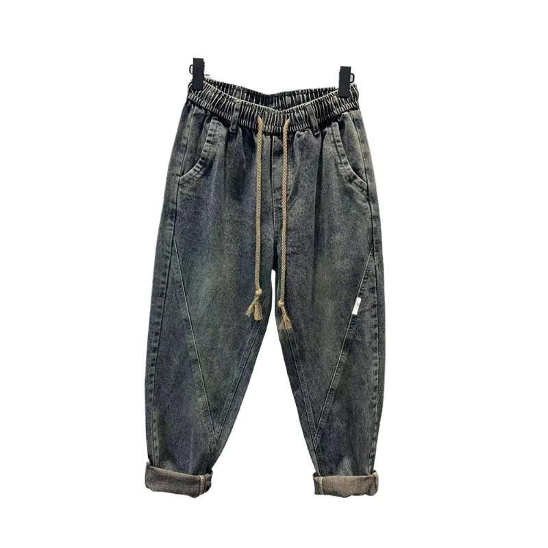 Spring Autumn 2025 Korean Style Loose Waistband Vintage Loose Denim Pants Men's Trendy Brand Radish Baggy Drawstring Harem Pants