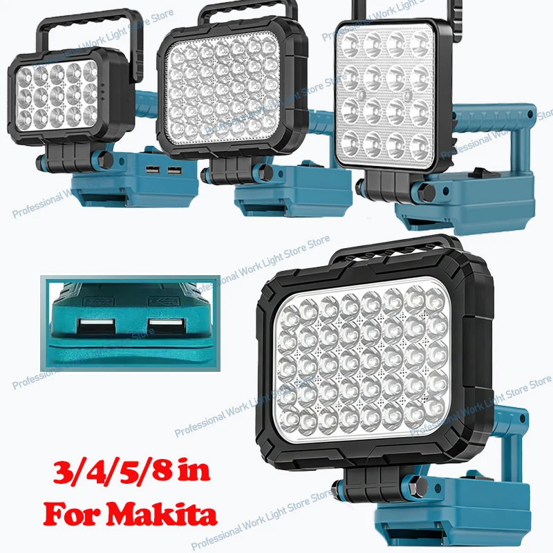 

Светодиодный рабочий фонарь Makita, 18 В, литий-ионный аккумулятор, аварийная лампа, фонарик, прожектор с двумя USB-портами, освещение для кемпинга