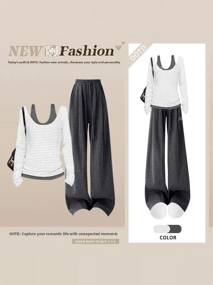 Retro Lazy Style Color Block Slim Fit Short Top And Casual Pants Two Piece Set Spring Simple Versatile Whole Set High Waist S...