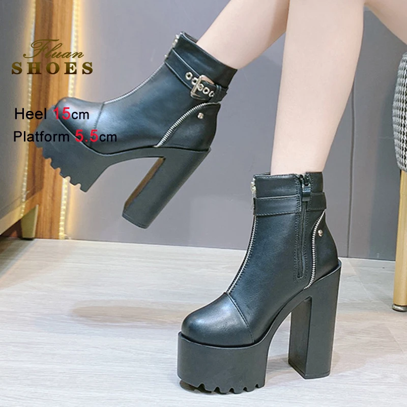 

Осенне-зимние короткие ботинки на толстой платформе, женская обувь на очень высоком каблуке, непромокаемые ботильоны на толстом каблуке с боковой молнией на платформе