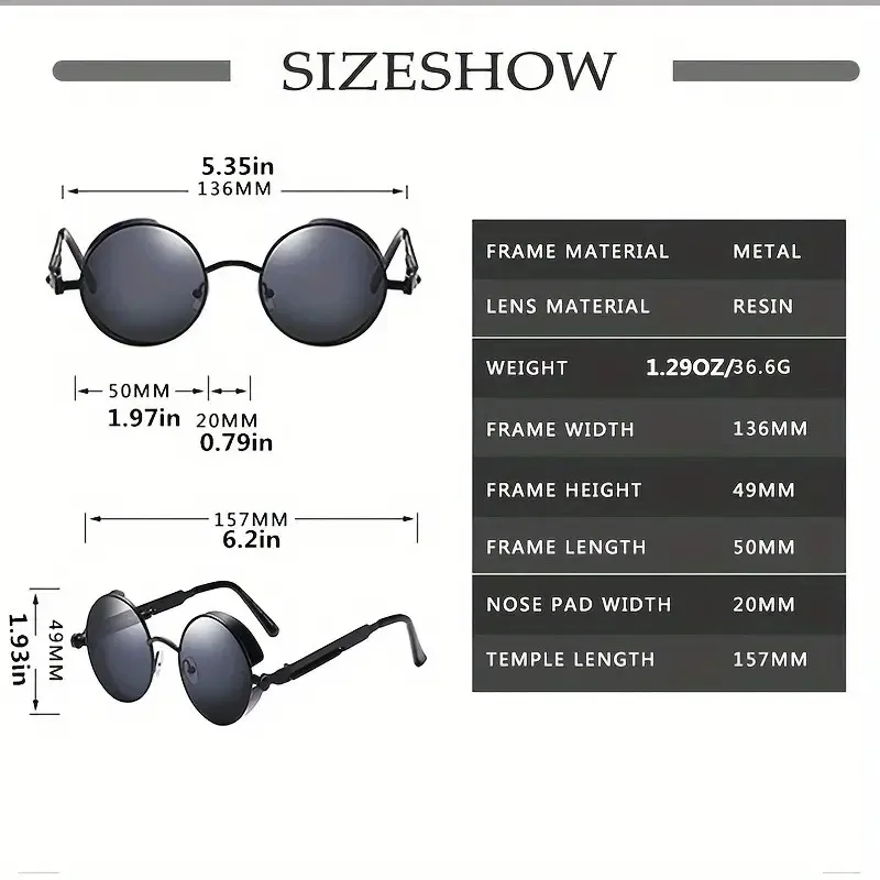 1Pcs Vintage Round Steampunk Sunglasses for Women Men Circle Gothic Glasses Retro Metal Frame