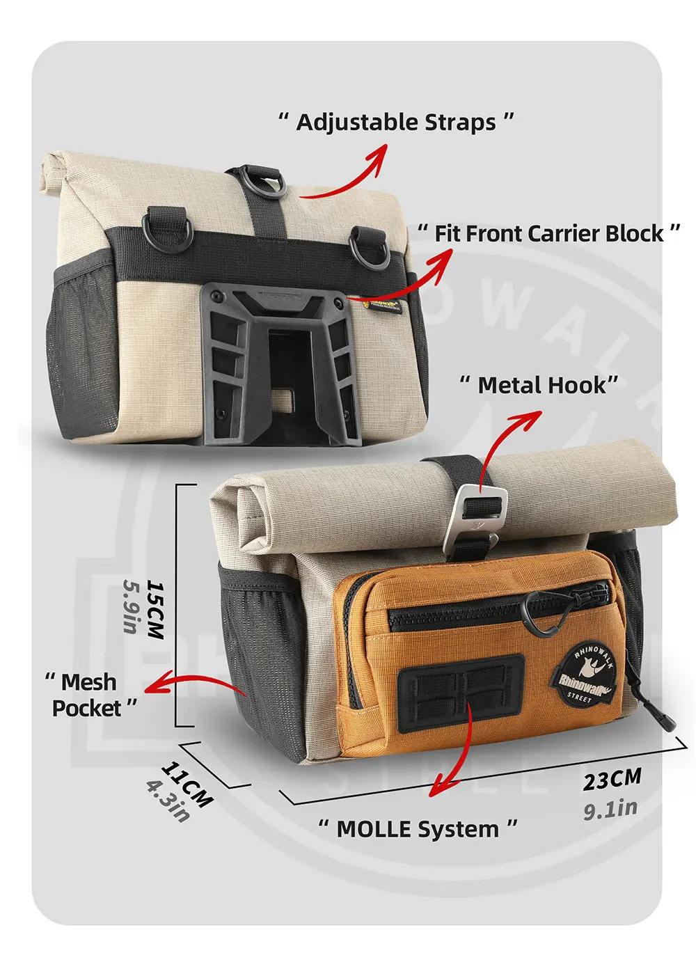 Rhinowalk Fahrrad-Lenkertasche, Schnellverschluss, mit Regenschutz, Schultergurt für Brompton Faltrad, Schultertasche, urbanes Radfahren – Detail 11