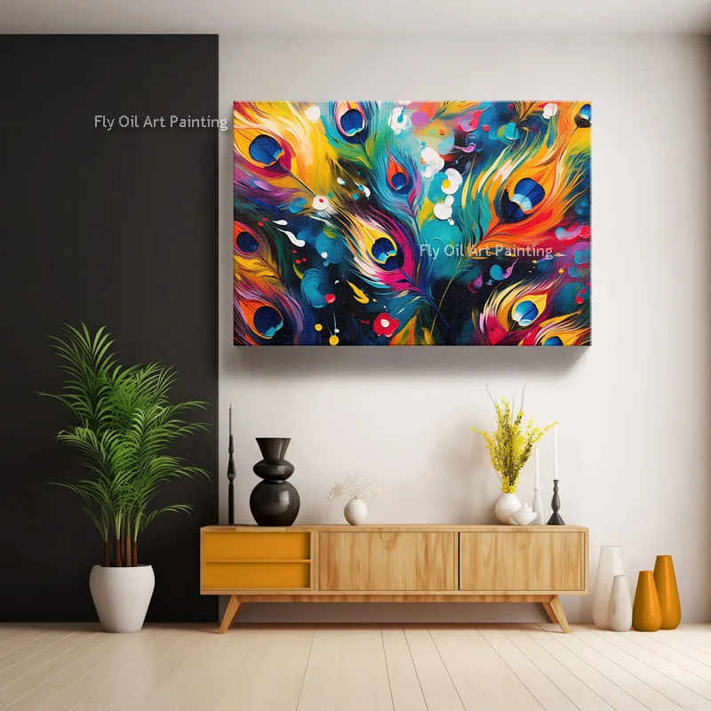 Beautiful Colorful Peacock Feather Abstract Canvas Wall Art Handmade Green Red Yellow Feathers Oil Painring New Design Artwork