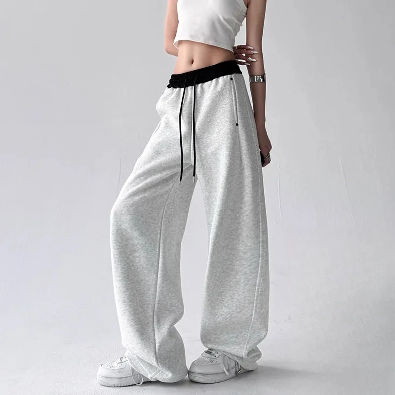 المرأة مرونة الخصر واسعة الساق السراويل عالية الخصر فضفاضة تناسب السراويل المرقعة الشارع نمط عارضة الأزياء #2