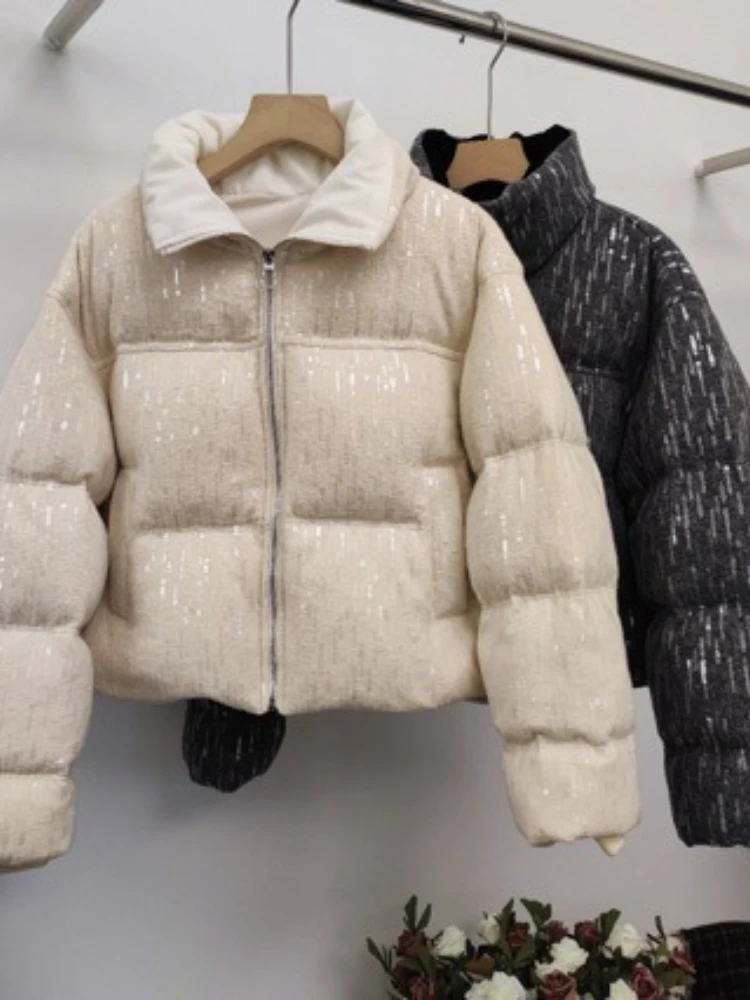 Jacket Autumn Winter New Sparkling Sequined Loose Stand Collar Sweetheart Simple Elegant Short Warm 90 Fill Ladies Outerwear