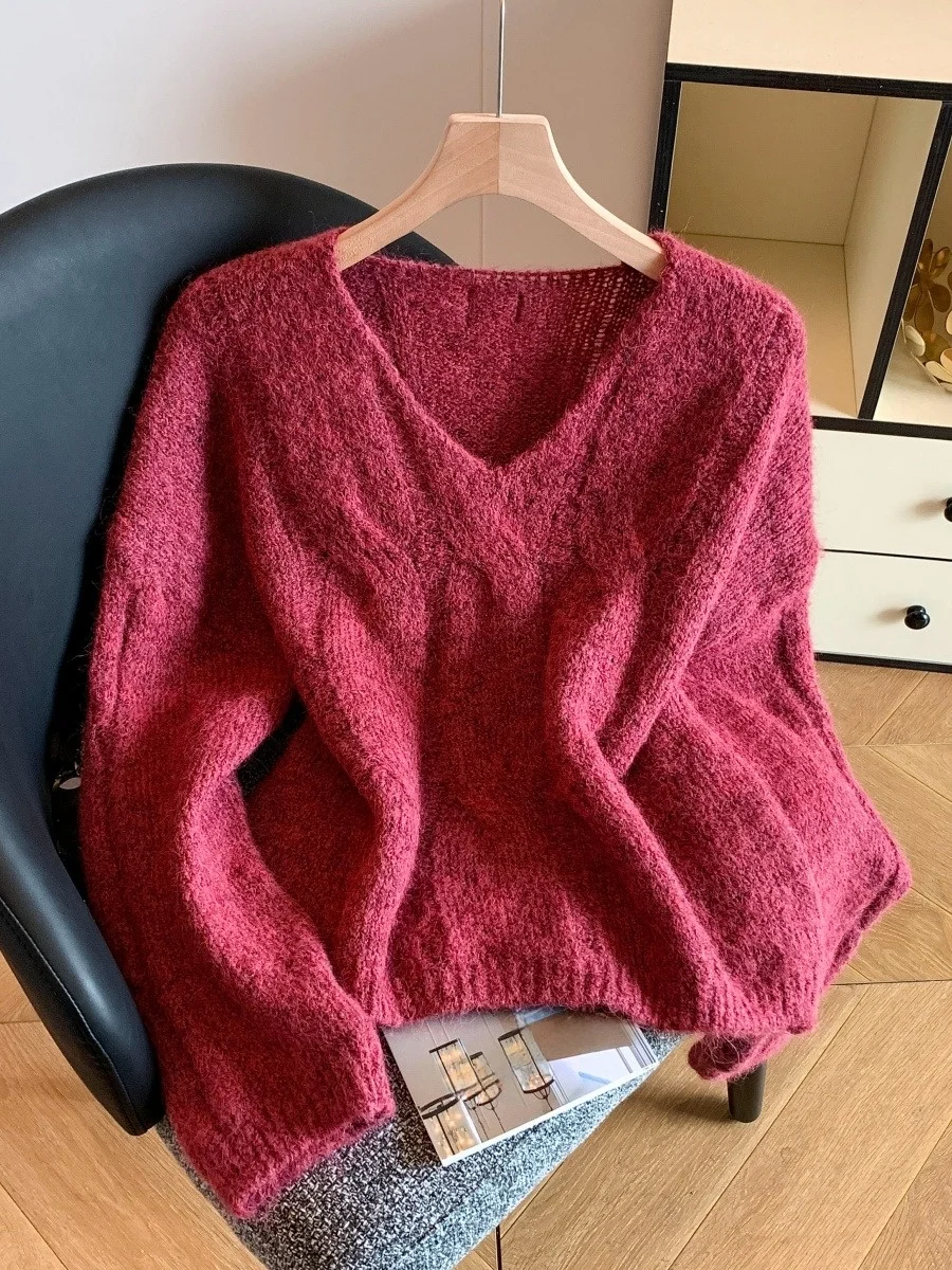 

Корейский вязаный свитер Cisas красного цвета для женщин, новый, мягкий, с длинными рукавами, V-образным вырезом, премиум-класса, топ