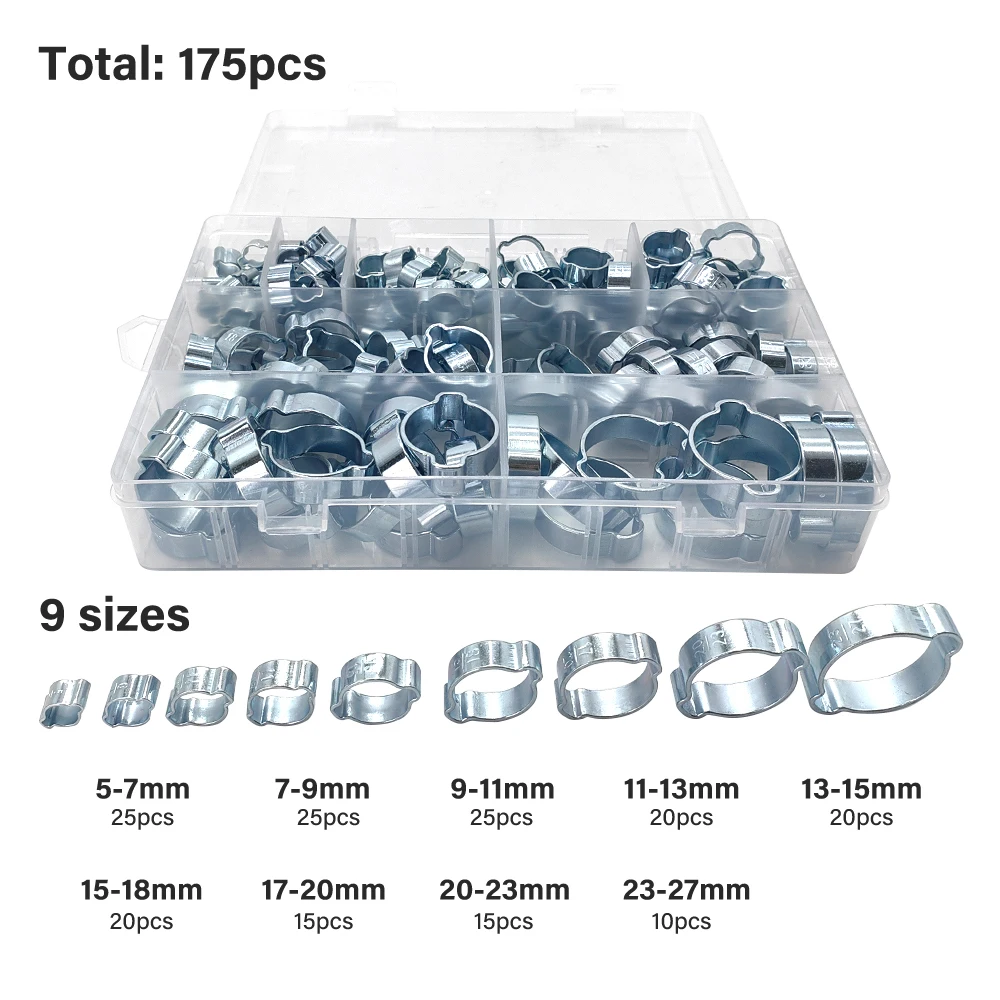 

175Pcs Double Ear Clamp O Clips-Crimp Clip Air Silicone Petrol Water Fuel Hose Pipe Stainless Steel Hose Clamps Cinch Clamp Ring