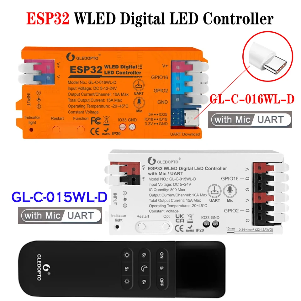 Sterownik LED GLEDOPTO ESP32 WLED z mikrofonem, UART, pobieranie, obsługa DC 5-24V, kompatybilny z taśmami LED WS2811, SK6812, SM16703P, WS2812