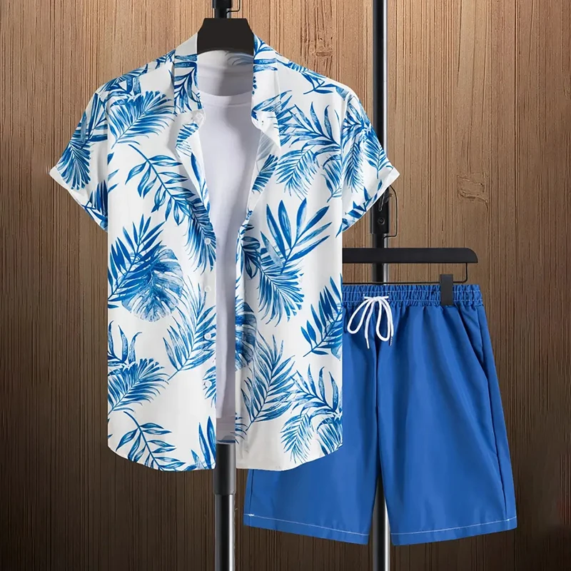 Mens new 3D printed floral shirt,mens collar button short sleeved+shorts,casual 2-piece summer beachshorts,Hawaiian stylemensset