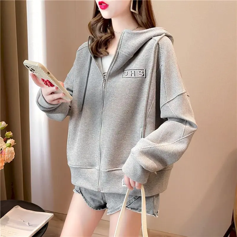 Waffle Short Hoodies Women Spring Autumn Trendy Thin Cardigan Hoodie Korean Style Loose Chic Sports Hooded Coats Casual Jackets