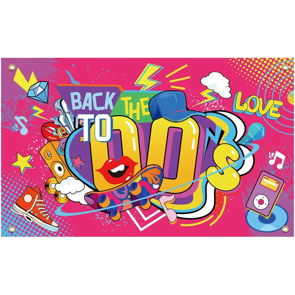 Back to The 00's Party Banner Decoration 6x3.6ft Early 2000s Theme Backdrop Skateboard Music Audio Microphone Walkman Banner