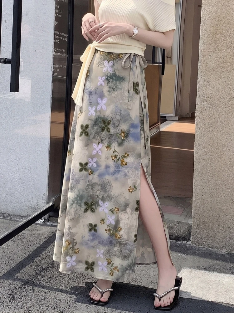 2026 Autumn New High Waist Vintage Print Women Skirts Tie Strap Elastic Waist Slim Side Split Flowy Long A-line Skirt