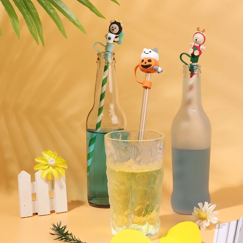 Cute Silicone Straw Tips Cover Splash Proof Drinking Cap for Glass Tumbler Dust-proof  Straw Plugs for 6-8 mm Straws