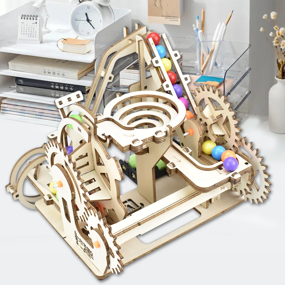 3D Wooden Puzzles Electric Automatic Marble Run Model Building Kits DIY Assembly Roller Coaster Crafts for Adult Kids Gifts