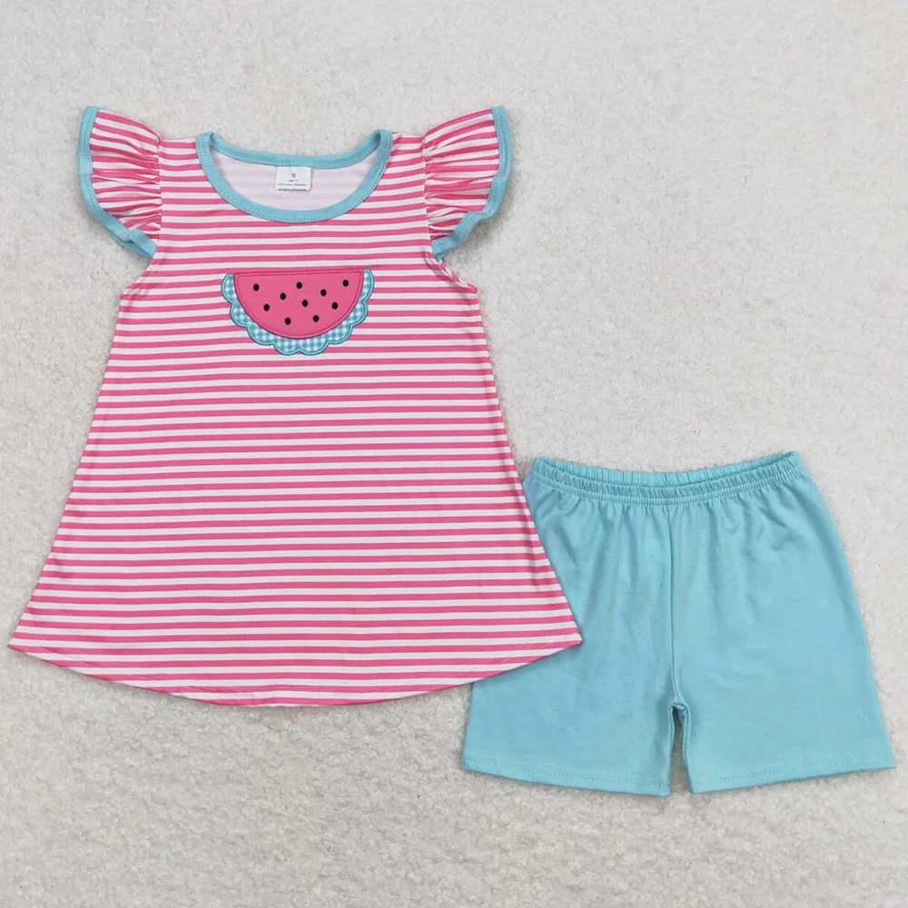 Hot Sale Baby Girls Clothes Stripes Watermelon Tunic Top Shorts Sets Match Girls Dress Wholesale Summer Girls Sister Clothing