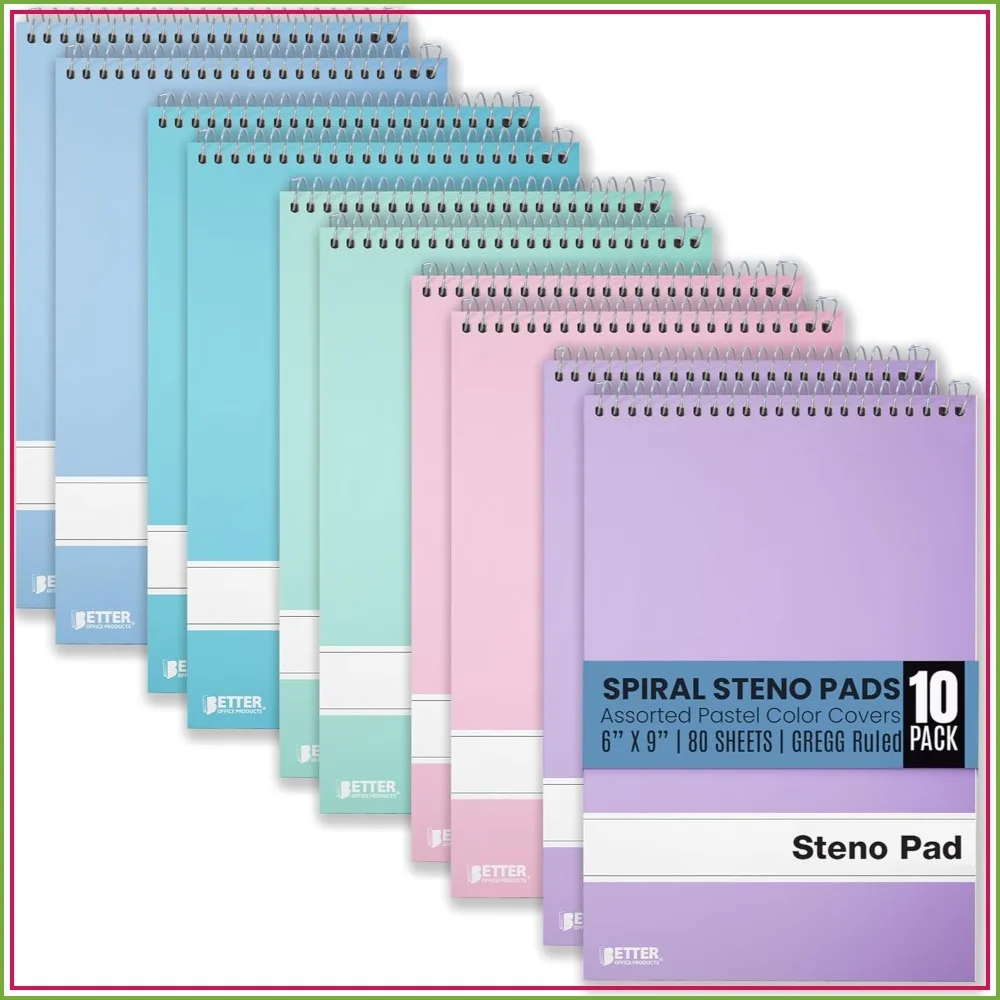 Steno Pads 6x9 Spiral Notebooks, 10 Pack, Gregg Ruled, 80 Sheets, Pastel Covers, Top Spiral for Note Taking