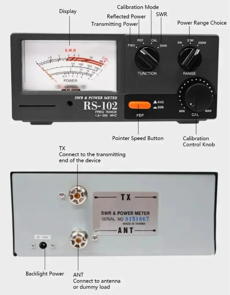 For NISSEI RS-102 1.8-200MHz 200W SWR Power Meter HF VHF Analog RF Meter With LED Backlight - view 5