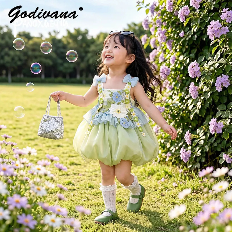 Sweet Baby Girls 2026 New Summer 3D Floral Decorated Sundress Kids Bowknot Mesh Bud Tutu Princess Dress Performance Ball Gown