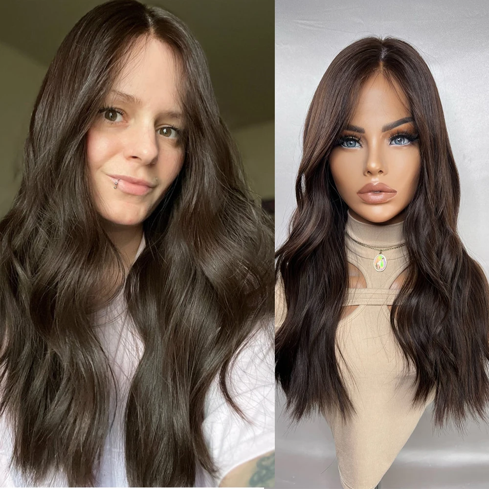 

Glueless Synthetic Lace Front Wig Dark Brunette Brown Highlights Wig for Women HD Transparent Lace Front Wig Ready to Wear
