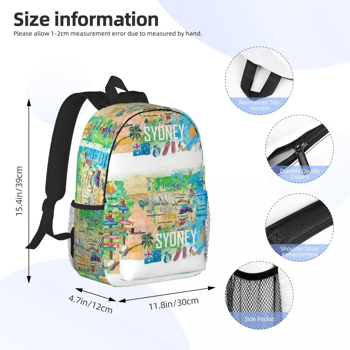 Sydney Australia Illustrated Map Backpacks Boys Girls Bookbag Students School Bags Laptop Rucksack Shoulder Bag Large Capacity