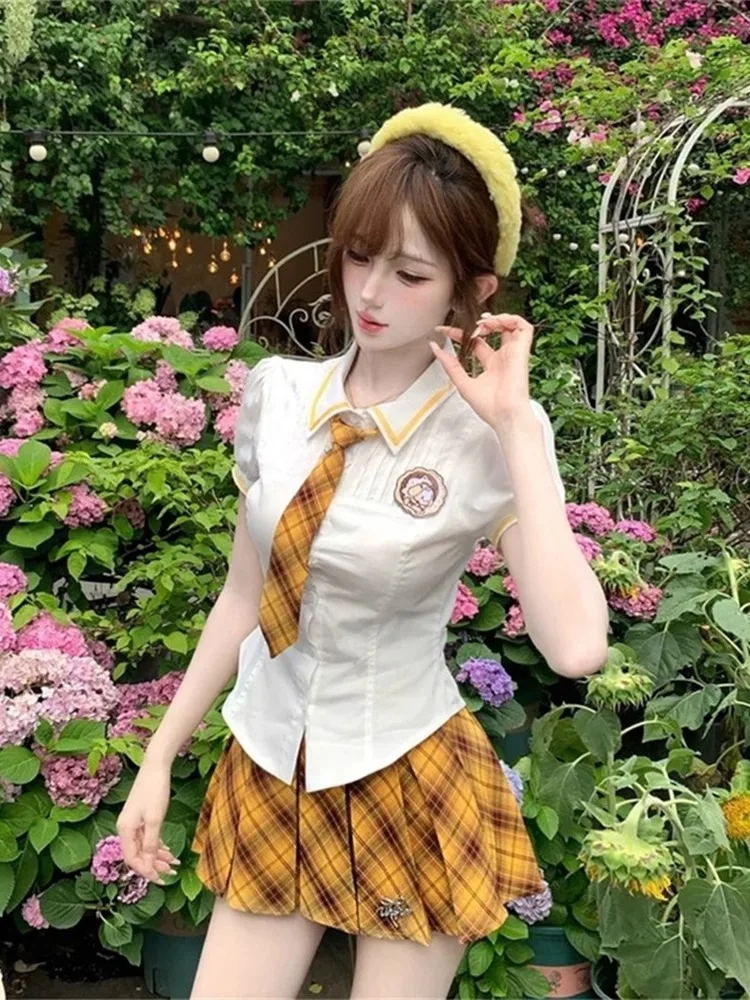 

Summer Faion plus Size Women's irt And Skirt Set School orm Sle Pleated Skirt Collar Button up Polyester