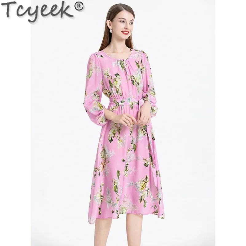 

100% Tcyeek Real Mulberry Silk Women Elegant and Pretty Women's es Fashion Summer es 2024 Slim Fit Midi Dress