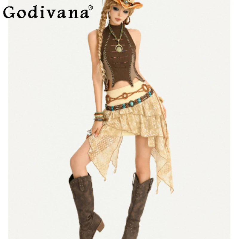 Personalized Retro Irregular Sexy A-line Versatile Skirt Handsome Elegant Coffee Turtleneck Sleeveless Street Subculture Tops