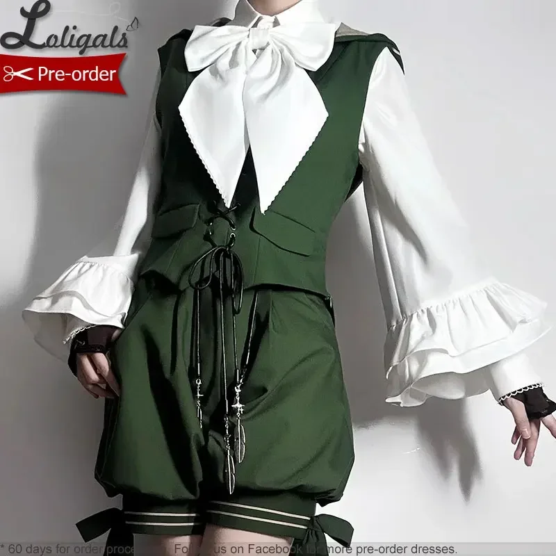 

2025 Retro Vine Green Long Bunny Ear Hooded Vest / Cosplay Bloomer Shorts / Tassel Cape Ouji Lolita Outfit Performance Costume