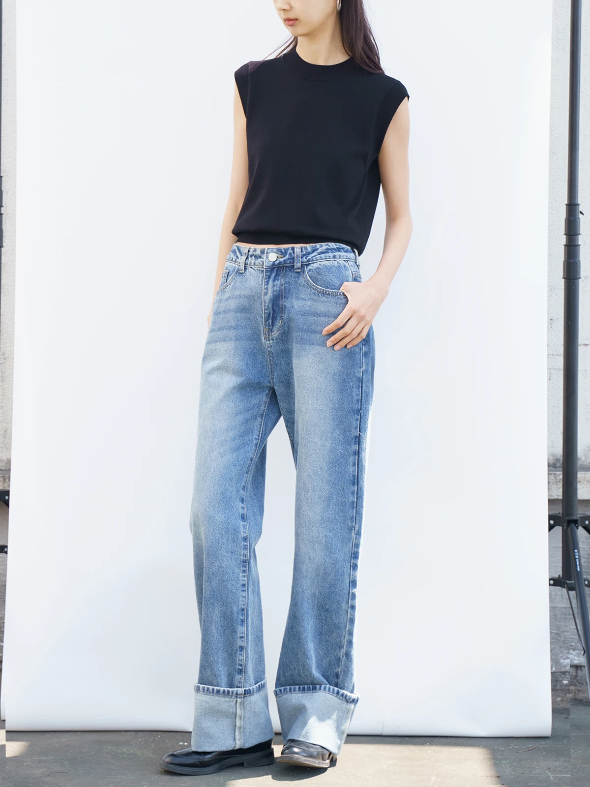 

Loose Casual High Waist Wide Cuffed Floor-Length Slimming Straight Leg Wide Jeans Blue Denim APPENDAGE New Sle