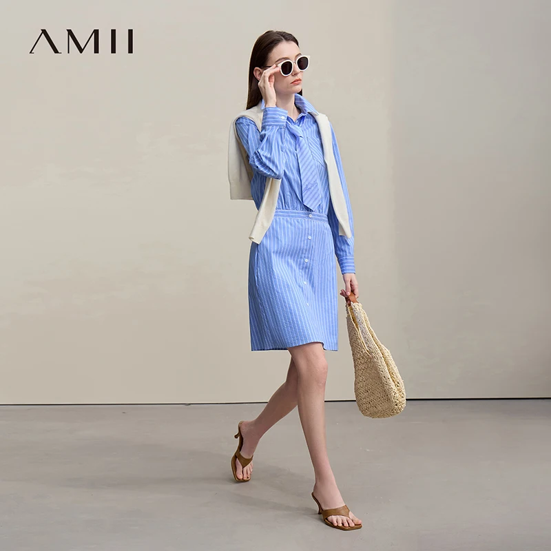 

Amii Dresses For Woman 2026 Spring New Commuter Lapel Striped Half-open H-Line Dress Casual Long Sleeve Blouse Skirt 12641048