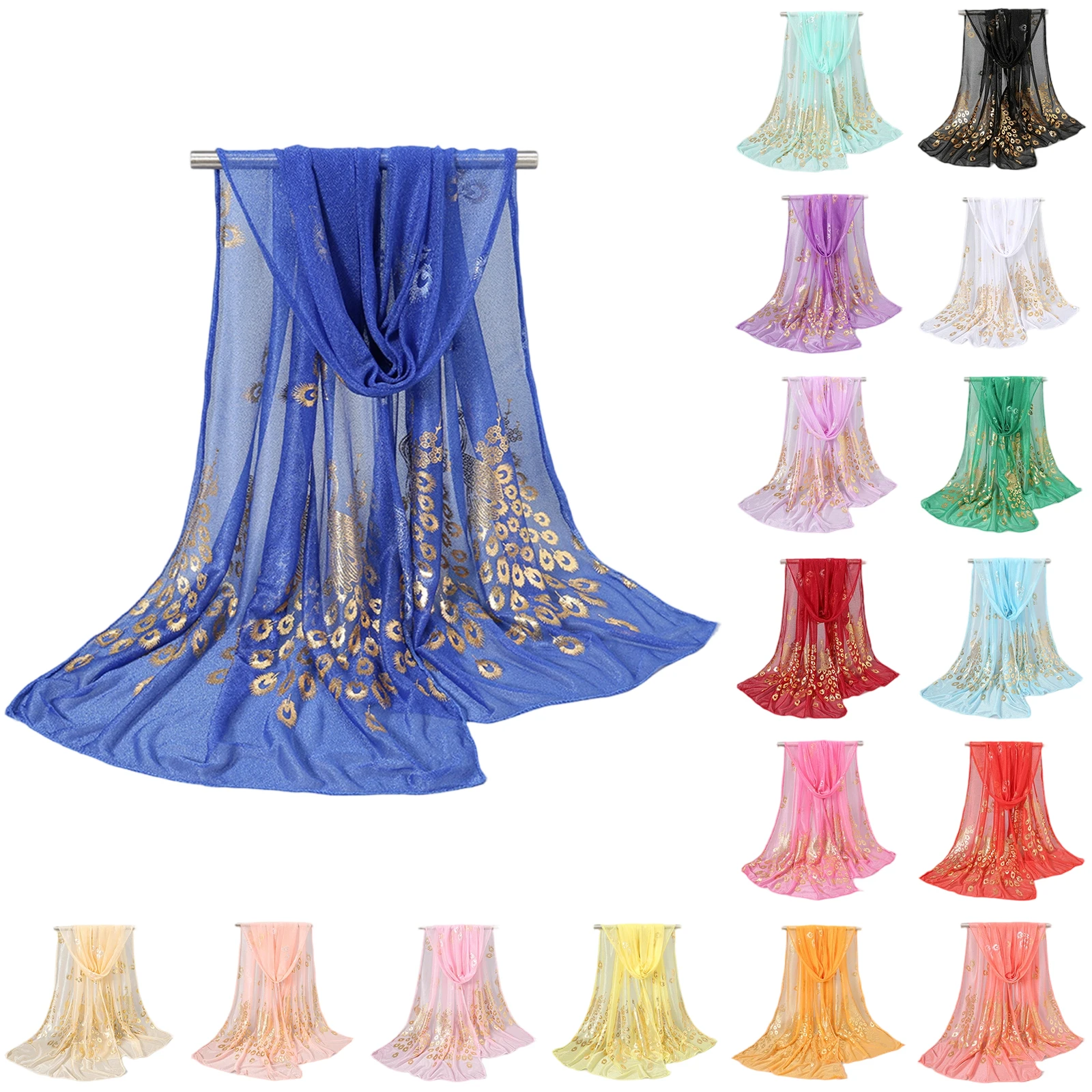 Women Multi-color Wraps Fashion Trend Peacock Flower Gilded Scarf Long Soft Wrap Summer Lightweight Beach Vacation Shawl Stole