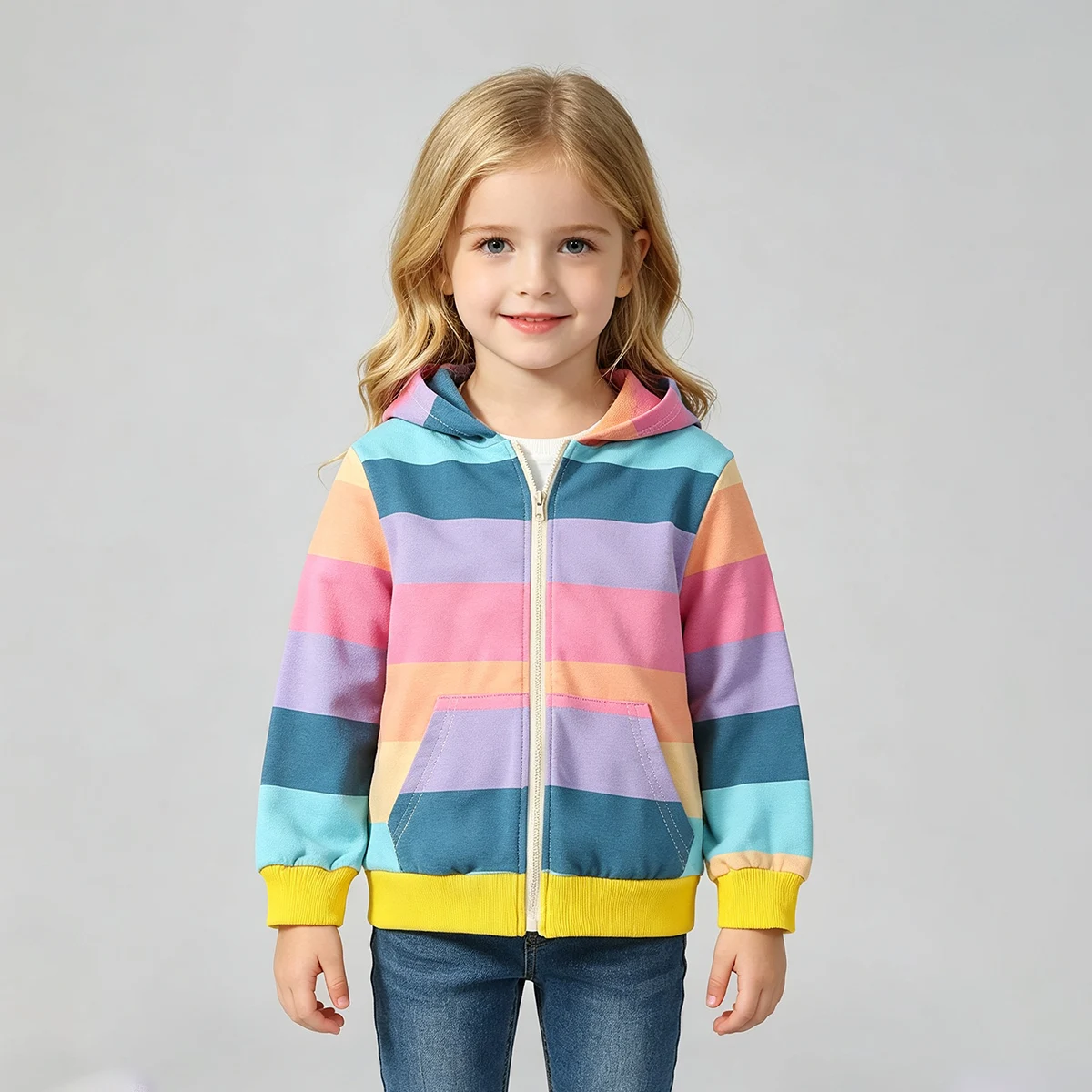 Girls' Trendy Casual Hooded Sports Jacket Multi-Color Striped Long Sleeve Coat Spring Autumn Fashion Outerwear for Kids