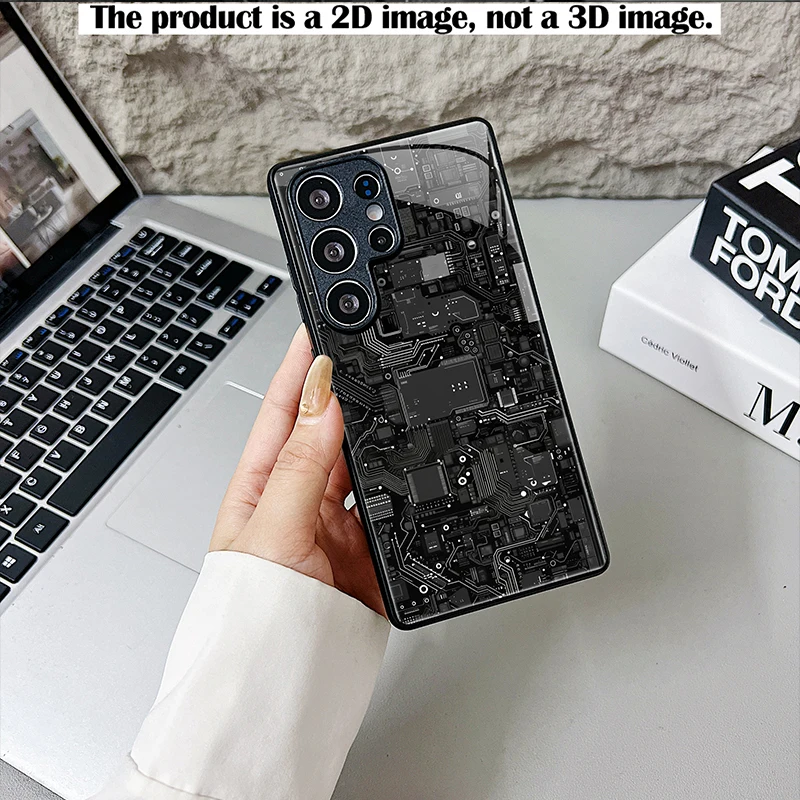 Silver‑Grey Circuit Core 2D Print Glass Phone Case For Samsung S Series A Series Full Cover Shockproof Protective Cover