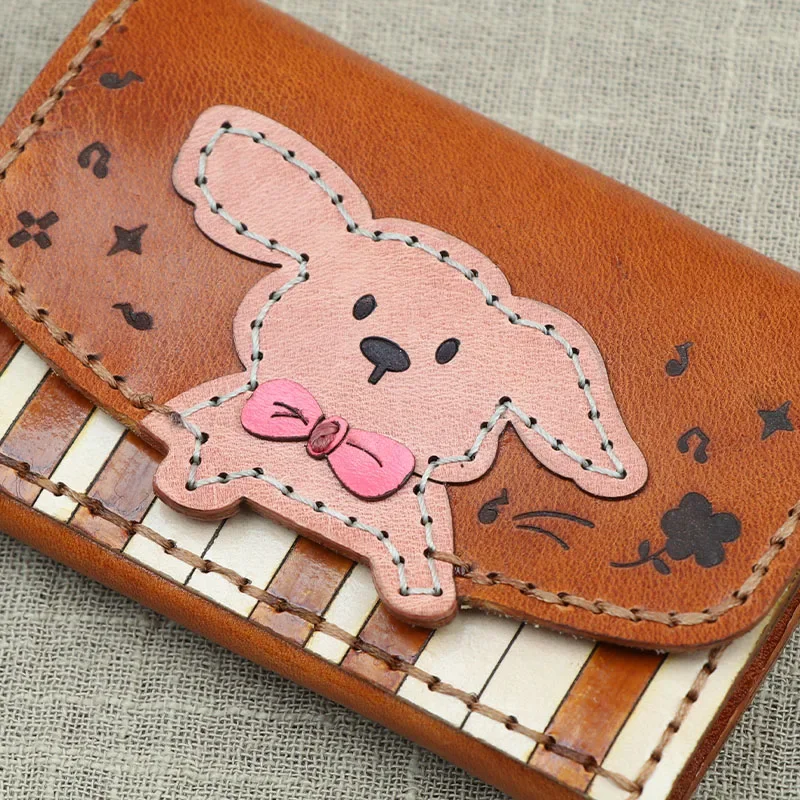 Super Cute Handmade Cowhide Short Wallet, Card Bag, Puppy Playing Piano, Business Card Bag, Pink Jade Cinnamon Dog Magnetic Bag.