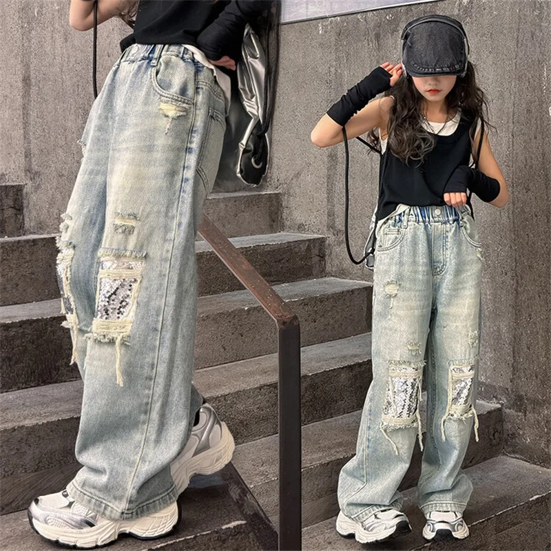 Girls\' bright jeans Fashion 2024 new children\'s wide-leg pants style spring and autumn ripped pants 6-15 years old