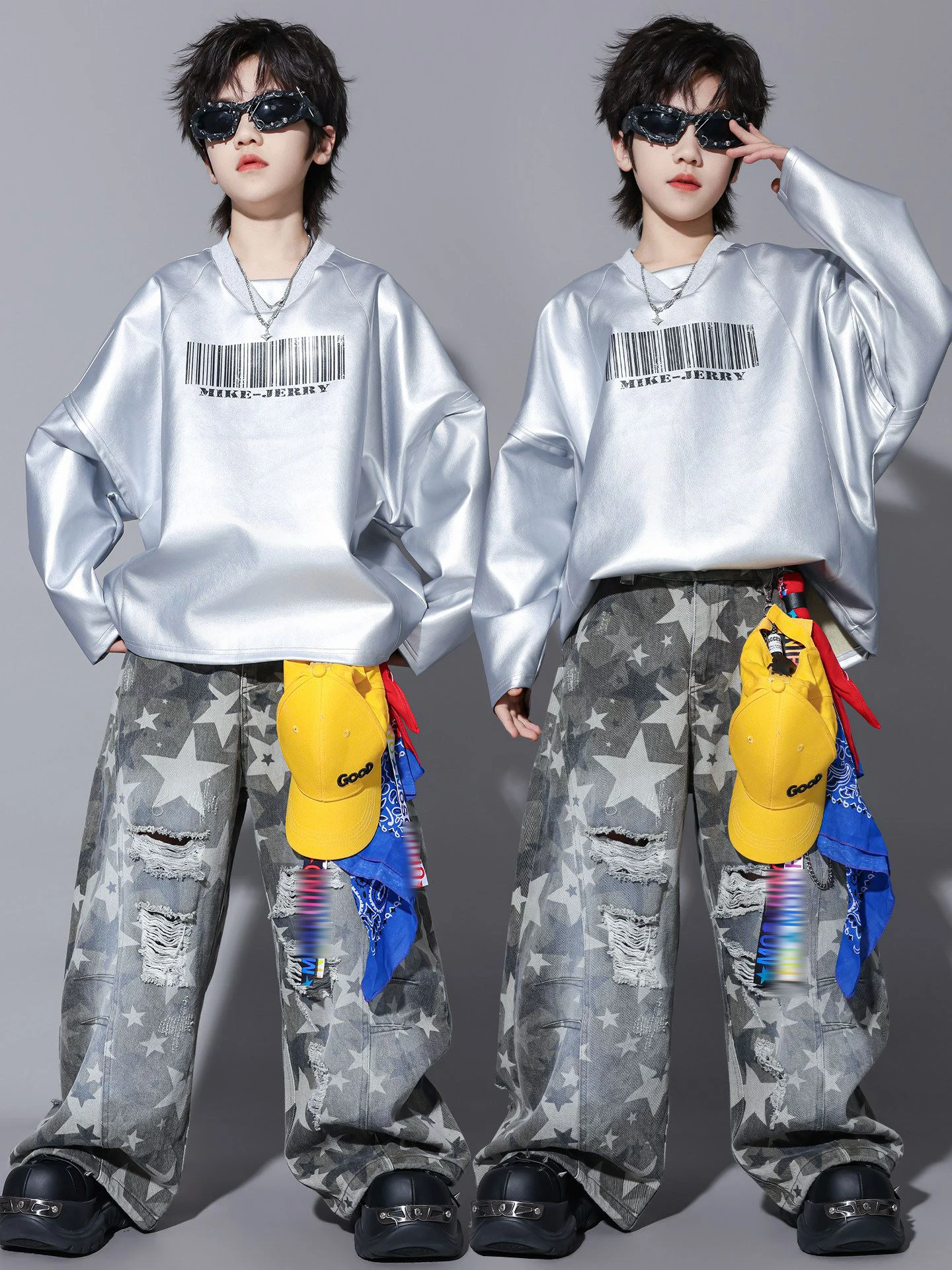 

Костюм для хип-хопа для мальчиков 2026: серебристая кожаная футболка с длинными рукавами, модные брюки для хип-хопа, одежда для выступлений в стиле поппинг и джаз, BL18131