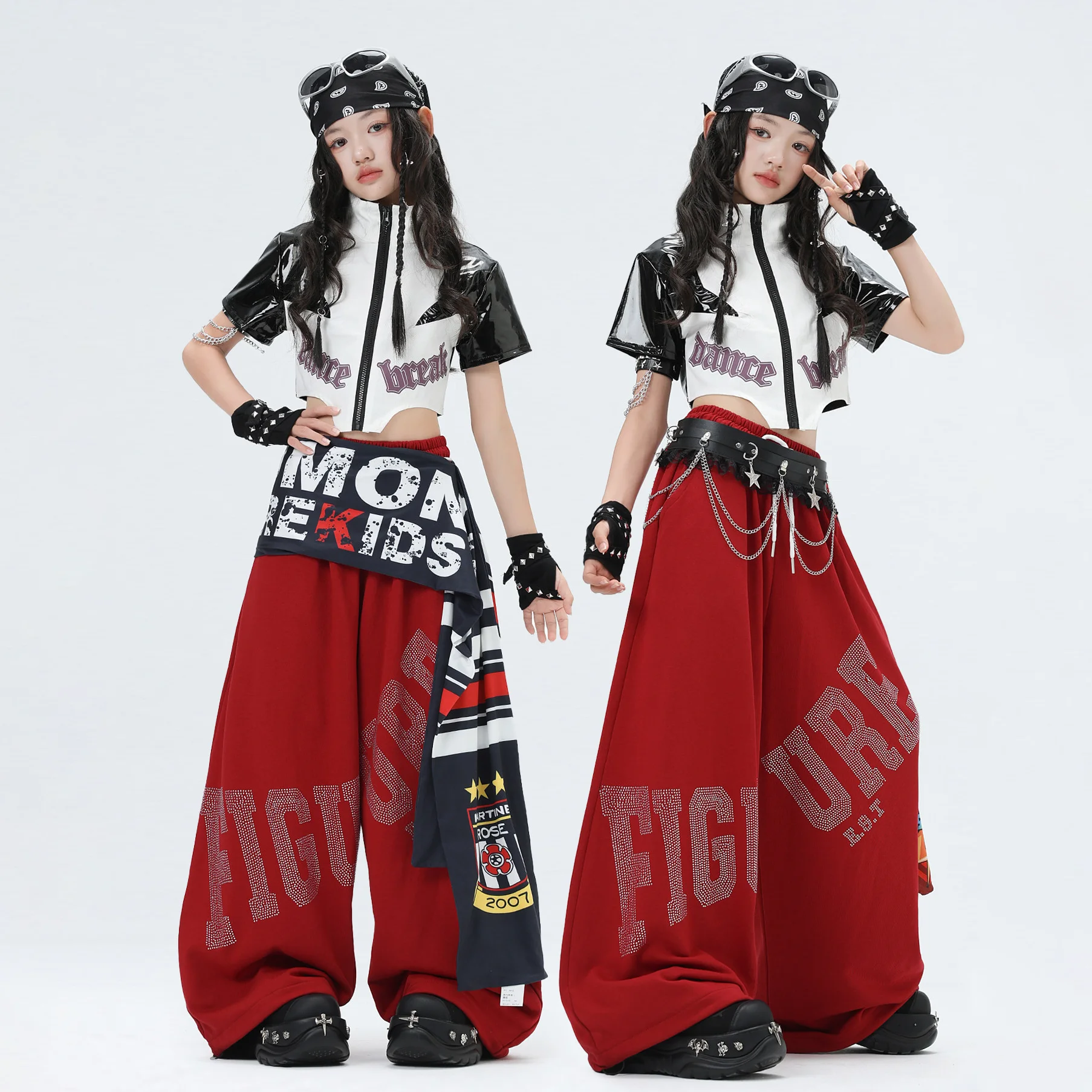 Children Crop Tops Loose Red Pants Jazz Dance Costumes For Girls Catwalk Performance Wear Hip Hop Dance Rave Clothes DQS23983
