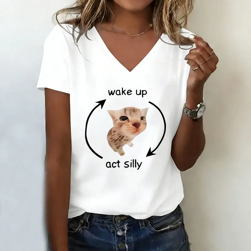 Wake Up Act Silly Meme Graphic T-shirt V Neck Casual Fashion Y2k T Shirts Women Short Sleeve Tee Shirt V-Neck Summer Spring