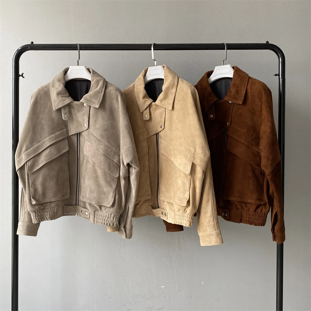 Jaxmonoy jaqueta de couro de camurça real para mulheres 2025 outono nova chegada casaco de pele de carneiro oversized senhora moda jaquetas de couro genuíno